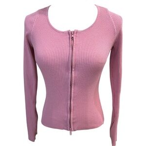 Y2K Pink Fitted Full Zip Knit Ribbed Cardigan Top S Stretch Long Sleeve
